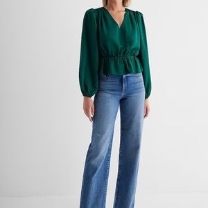 Express Long Sleeve V-Neck Peplum Top Dark Teal medium